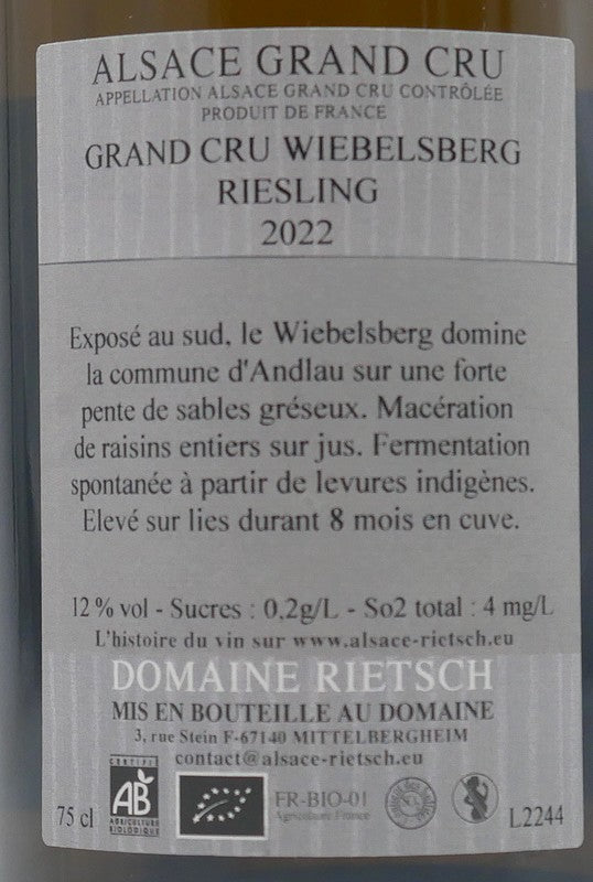 Riesling grand cru Wiebelsberg 2022