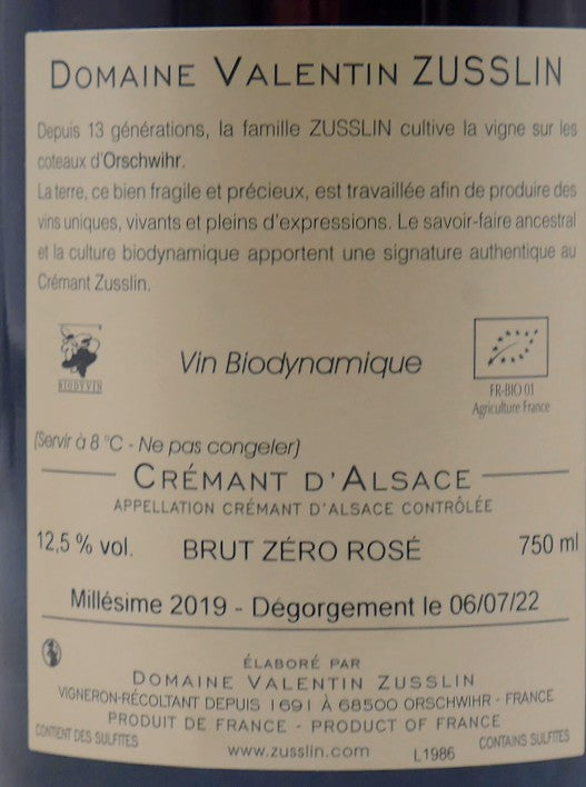 Crémant d'Alsace  rosé Brut Zéro sans soufre ajouté